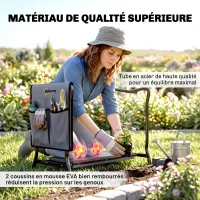 Outsunny Tabouret de Jardin Pliable 2 en 1, Coussin en Mousse EVA et 4 Poches à Outils Amovible, Charge 150kg, 58x28x49cm, Gris(m-7)