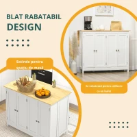 HOMCOM, Insulă de bucătărie cu 2 taburete, blat de lucru rabatabil, 2 dulapuri cu 4 uși, design modern, alb(m-7)