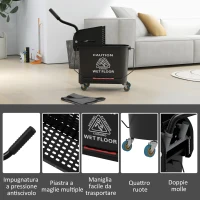 HOMCOM Carrello per Pulizie in Plastica PP da 20L con Secchio e Strizzatore, 60x27x70.5 cm, Nero(m-8)