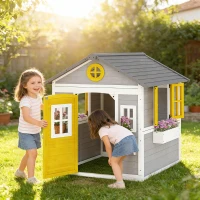 Outsunny Spielhaus Wetterfestes Kinderspielhaus aus Holz mit Tür 6 Fenster 2 Blumenkästen 2 Blumenständern für 3-8 Jahre Grau(m-2)
