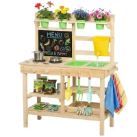 AIYAPLAY Matschküche Kinder Outdoor, Spielküche aus Holz mit Spüle Herd Pflanztöpfen Tafel für 3-6 Jahre 77x32x95 cm Naturholz(m-12)