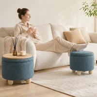 HOMCOM Storage Sitting Bench with Lid, Round Storage Ottoman with Rubberwood Legs, Dark Blue(m-9)