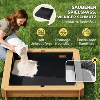 Outsunny Sandkasten 106x106 cm Kinder Sandbox aus Holz mit höhenverstellbar Abdeckung Sitzbänken Rücklehnen Hellbraun(m-7)