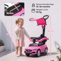 AIYAPLAY 3 in 1 Licensed Benz Ride on Push Car with Handle, Canopy, Guardrails, Horn, Music, Storage for 12-36 Months, Pink(m-3)