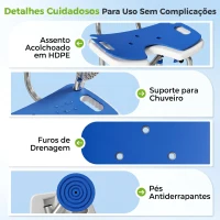 HOMCOM Cadeira de Duche para Pessoas Idosas Antideslizante com Altura Ajustável em 5 Posições Suporte para Duche de Mão 48x47,5x72-82 cm Azul(m-7)