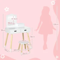 ZONEKIZ Toucador Infantil de Madeira com Banco Espelho e 2 Gavetas Brinquedo Educativo para Crianças de 3-6 Anos 60x40x95cm Branco(m-3)