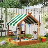 Outsunny Caixa de Areia para Crianças de Madeira em Forma de Casa com 2 Assentos Toldo 6 Bandeirolas 2 Bandejas Removíveis Torneira e Quadro para Jardim 124x116x146 cm Madeira(m-11)