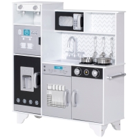 AIYAPLAY Cozinha de Madeira com Som Acessórios em Aço Inoxidável Micro-Ondas, Máquina de Gelo Cafeteira, Máquina de Lavar Loiça 79,5x24x83,8 cm Branco
