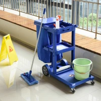 HOMCOM Janitor Cleaning Trolley, with Bin, Shelves and Hooks - Blue(m-2)
