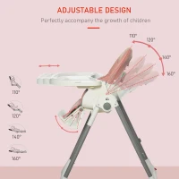 HOMCOM Foldable Baby High Chair Convertible Feeding Chair Height Adjustable with Adjustable Backrest Footrest and Removable Tray 5 Point Safety Harness for Kids 6 - 36 Months Pink(m-7)