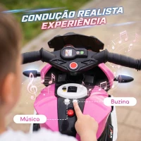 HOMCOM Mota Elétrica Infantil de 3 Rodas com Pedal, Farol LED, Música e Buzina para Crianças de 3 a 5 Anos, Rosa(m-4)