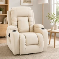 HOMCOM PU Leather Recliner Chair, Recliner Armchair with Extended Footrest, Cup Holders and Side Pockets, Cream(m-8)