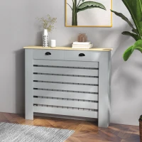 HOMCOM Copritermosifone in MDF a Doghe, Copricalorifero a Griglia con 2 Cassetti, 111x19x95.5 cm, Grigio(m-2)