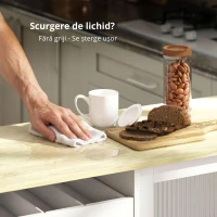 HOMCOM Insulă de Bucătărie cu Blat Rabatabil Roți Uși Glisante din Sticlă Suport Sticle Sertar Suport Condimente Poliță Reglabilă(m-5)