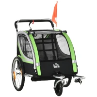 HOMCOM Rimorchio Bici per Bambini e Passeggino 2 in 1 con Cintura, Tasche e Bandierina, Verde(m-1)