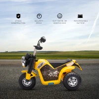 HOMCOM 6V Kids Electric Motorbike 3 Wheels Ride On Toy with Horn Headlights Realistic Sounds for Girl Boy 18 - 36 Months Yellow(m-4)