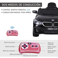 HOMCOM Coche Eléctrico BMW 6GT para Niños +3 Años Automóvil Infantil de Batería 6V con Control Remoto Luces y Sonidos MP3 USB Carga 30 kg 106x64x51 cm Negro(m-7)