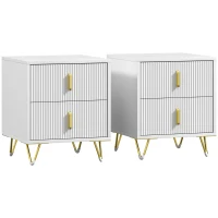 Set of 2 Elegant Fluted Bedside Table - White/Gold-Tone(m-1)