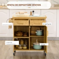 HOMCOM Cărucior de bucătărie din bambus, Cărucior multifuncțional, Cărucior de servire, 2 sertare, 1 dulap,  2 rafturi, Natural(m-8)