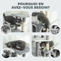 PawHut Arbre à chat tour de jeux pour chats centre d'activités 2 niches plateformes hamac échelle et 4 pompons 165 cm gris(m-8)