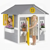 Outsunny Spielhaus Wetterfestes Kinderspielhaus aus Holz mit Tür 6 Fenster 2 Blumenkästen 2 Blumenständern für 3-8 Jahre Grau(m-12)