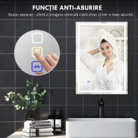 HOMCOM Oglindă de baie anti-aburire cu lumină LED reglabilă, difuzor Bluetooth, butoane tactile, 50x70 cm(m-7)
