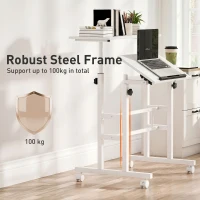 HOMCOM Bureau Assis-Debout, Bureau Réglable en Hauteur 70 x 60 cm, à Roulettes avec Plateau Inclinable, 70x60x70,5-120cm, Blanc(m-8)