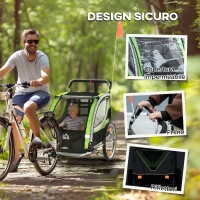 HOMCOM Rimorchio Bici per Bambini e Passeggino 2 in 1 con Cintura, Tasche e Bandierina, Verde(m-8)