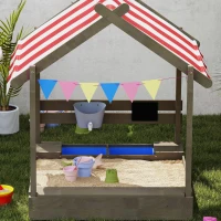 Outsunny House-Designed Wooden Sandbox, Outdoor Sandpit, with Blackboard, Toys, Sink, Seats, Flags, for Ages 3-7 Years - Grey(m-9)