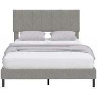 HOMCOM Cadre de Lit 140 x 190 cm avec Sommier et Tête Réglable, Lit Double Rembourré en Lin, Rangement au-dessous, Gris(m-16)
