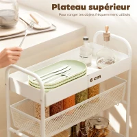 HOMCOM Chariot de rangement à 4 niveaux, desserte à roulettes, 3 paniers coulissants, panier supérieur 19 x 43,2 x 80 cm blanc(m-5)
