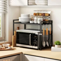 HOMCOM Suport Extensibil pentru Cuptorul cu Microunde cu 2 Nivele și 3 Gănci, din Metal, 39.5-64x32x47.5 cm, Negru(m-4)