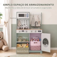 AIYAPLAY Cozinha de Brincar em Madeira com Lavandaria, Dispensador de Gelo, Gaveta em Tecido, Cabides e Acessórios em Aço Inoxidável, Verde(m-5)