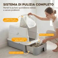 PawHut Lettiera per Gatti Chiusa  3 in 1 da 68L con Coperchio e Vassoio Estraibile in Acciaio Inox, Paletta, Grigio(m-7)