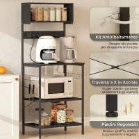 HOMCOM Scaffale da Cucina con Multipresa per Microonde con Ripiani e Ganci Stile Industriale, Legno e Acciaio, Nero(m-7)