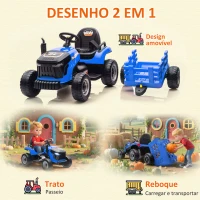AIYAPLAY Trator Elétrico para Crianças com Reboque Desmontável Bateria 12V Velocidade 3-5 km/h Controle Remoto 2,4G 139x58x55 cm Azul(m-5)