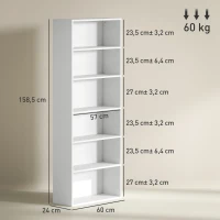 HOMCOM Bibliothèque étagère de rangement 6 niveaux avec étagères réglables pour salon, chambre, bureau, 60x24x158,5cm, blanc(m-3)