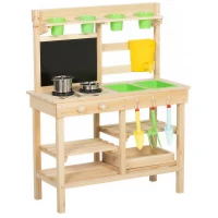 AIYAPLAY Matschküche Kinder Outdoor, Spielküche aus Holz mit Spüle Herd Pflanztöpfen Tafel für 3-6 Jahre 77x32x95 cm Naturholz(m-11)