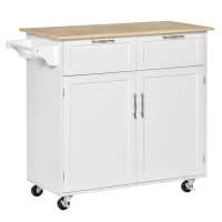 HOMCOM Modern Rolling Kitchen Island Storage Cart Utility Trolley with Rubberwood Top Two Drawers-White(m-1)