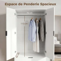 HOMCOM Armoire chambre penderie avec 2 portes à fermeture douce, 2 tiroirs et barre de suspension, 80x50x180cm, blanc(m-4)