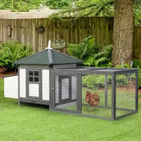 PawHut Poulailler cottage multi-équipement perchoir rampe pondoir enclos tiroir à déjection 196L x 76l x 97H cm bois massif pin gris blanc(m-10)