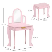 HOMCOM Tocador para Niños con Espejo y Taburete Tocador Infantil Tocador de Maquillaje para Niña de 3 a 6 Años con Cajón Rosa(m-3)