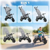 HOMCOM 6 in 1 Kids Trike with Parent Handle, Canopy, 5-point Seat Belt, Storage, Footrest, Brake, for 1-5 Years, Grey(m-4)