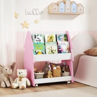 AIYAPLAY Kids Bookshelf with Toy Storage, Double-Sided Bookcase with Wheels, 3 Tier Kids Book Rack for Bedroom, Pink(m-10)