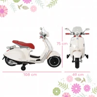 HOMCOM Motocicletă Electrică pentru Copii cu Licență Oficială Vespa, 2 Roți Ajutătoare, Lumină și Sunete, 108x49x75 cm, Albă(m-3)