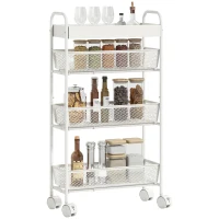 HOMCOM Chariot de rangement à 4 niveaux, desserte à roulettes, 3 paniers coulissants, panier supérieur 19 x 43,2 x 80 cm blanc(m-12)
