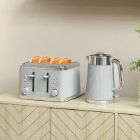HOMCOM Electric Stainless Steel Kettle and Toaster Set, 3000W 1.7L UK Strix Thermostat Fast Boil Kettle w/ Limescale Filter, Cool Touch Body, 4 Slice Toaster with 7 Browning Levels, Taupe(m-11)