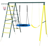 Outsunny Baloiço Infantil 4 em 1 com Baloiço Ninho e Individual Rede de Escalada Cesto de Basquetebol Escada Amarelo(m-11)
