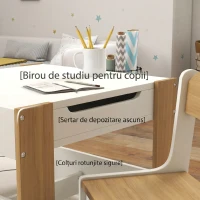 HOMCOM Set masă copii 3 în 1 cu 2 scaune, tablă detașabilă, bibliotecă și cutii textile, natur, 3-8 ani(m-8)