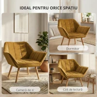 HOMCOM Fotoliu Tapitat, Fotoliu Cu Accente, Design Nordic, Efect De Catifea, până la 120 kg, picioare din lemn de cauciuc, Galben(m-6)